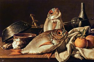 魚、オレンジ、ニンニクの静物